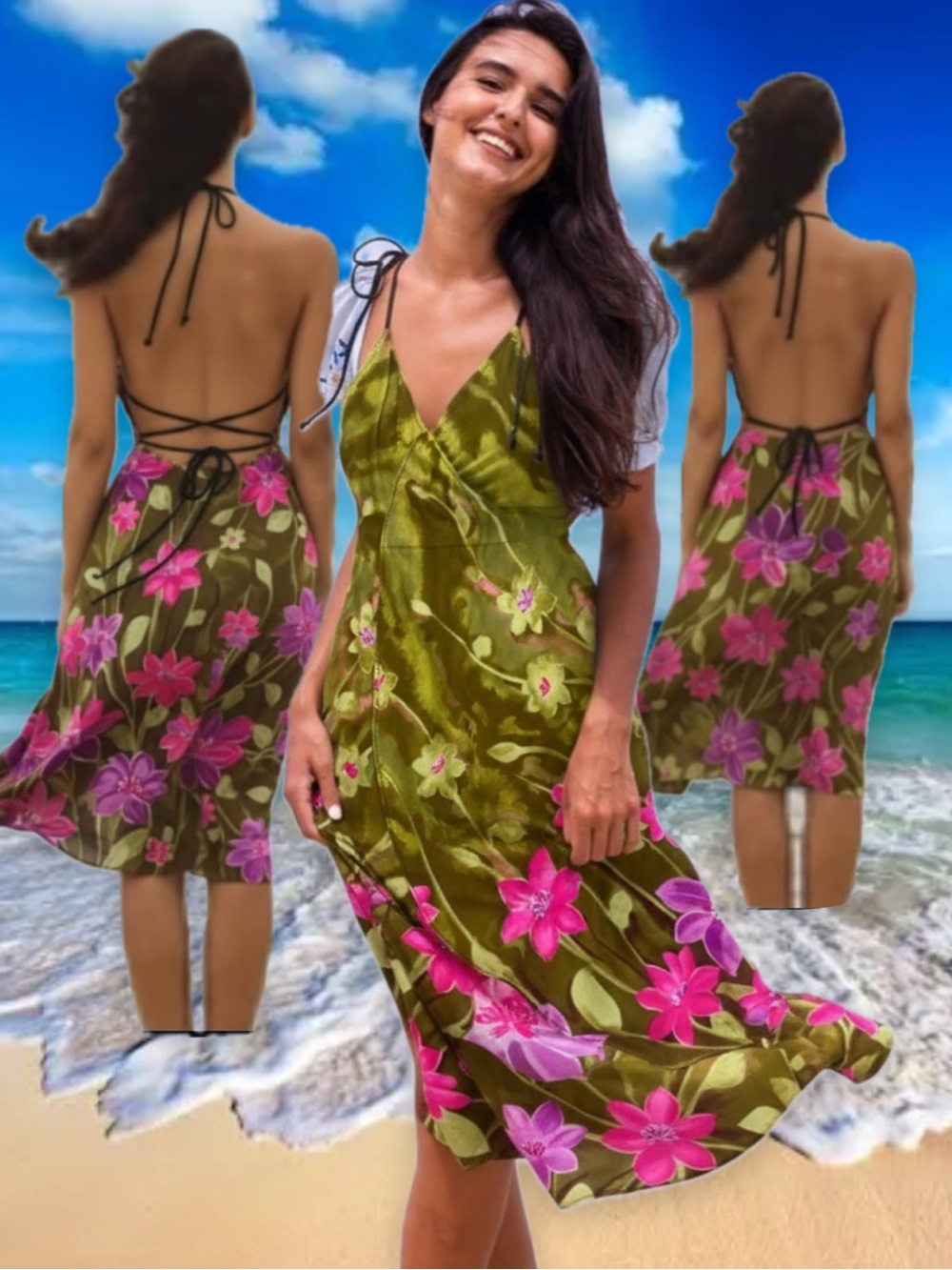 Light Olive Green Pink Floral Hawaiian Halter Summer Dress Size S/M